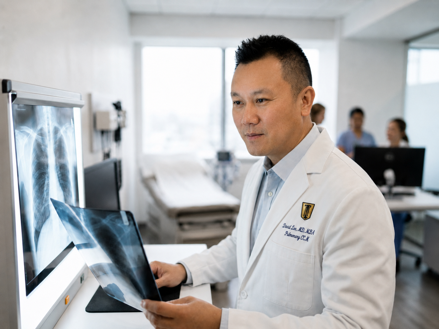 Dr. David Lee reviewing a chest X-ray in the exam room